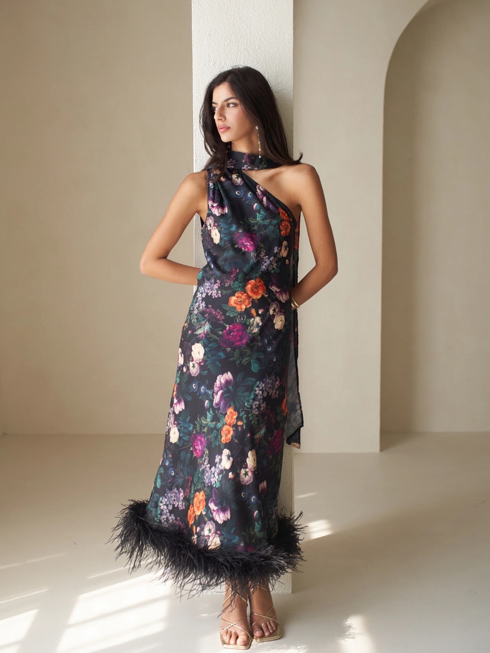 Floral One-Shoulder Midi Dress with Feather Hem - Black Floral